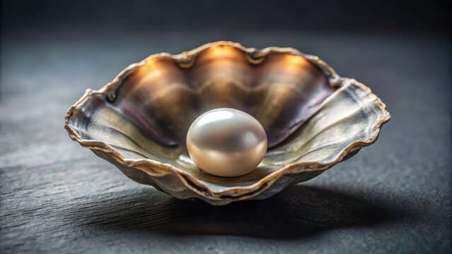 A single natural pearl glistening from its interior, illuminated by soft ambient light within an oyster shell on a dark grey background , Jewel, Close-up Photography