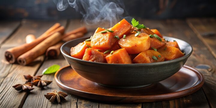 Steaming hot tender candied yams in a bowl with a sprinkle of cinnamon and nutmeg on top, side dish, sweet