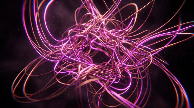 Tangled pink and gold metallic threads coiling together in a glowing conceptual knot