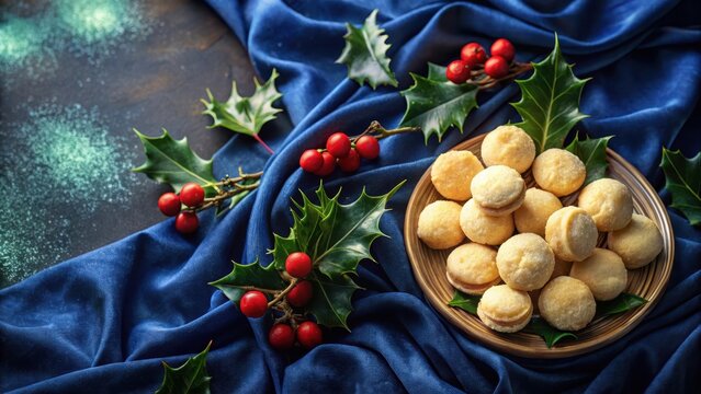 Warmly lit macadamia nut cookies on a dark blue velvet tablecloth with gold trimmings and festive holly leaves , cookies