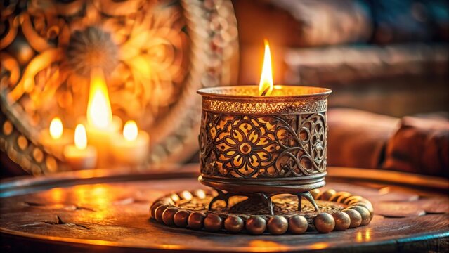 A soft focus candle burning in a vintage brass holder with intricate details and ornate patterns, home decor, cozy ambiance