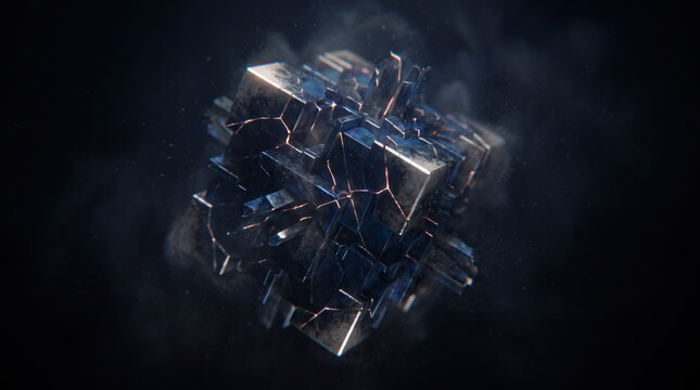 Fractured obsidian cube glowing along molten seams within a hazy conceptual atmosphere