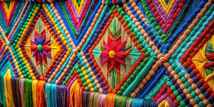 Intricate textile weaving with colorful threads creating a vibrant and complex visual display, resembling an art piece , colorful threads, artistic expression