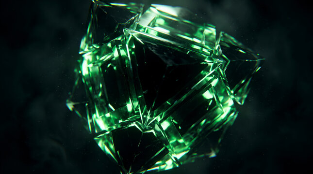 Faceted emerald crystal cluster glowing softly within a dark conceptual atmosphere