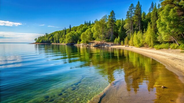 Serene Lake Superior shoreline with sandy beach and crystal clear waters reflecting the surrounding trees, nature, beach,  nature