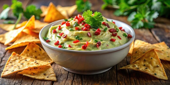 Creamy avocado dip with a sprinkle of red pepper flakes and fresh cilantro on top of crispy tortilla chips , nachos, creamy