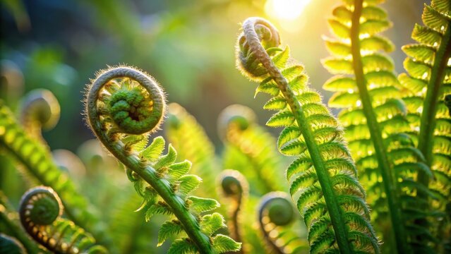 Greenery unfurls as morning light gently illuminates delicate fern leaves, revealing intricate details and textures, tender moments, fern leaf