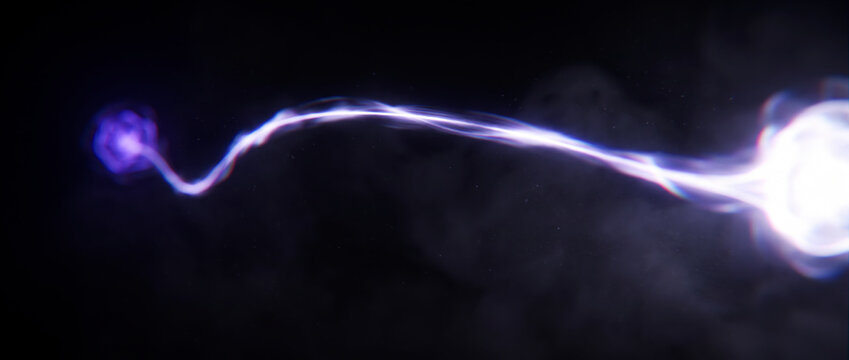Slender luminous filament connecting two glowing violet orbs across a dark conceptual gap