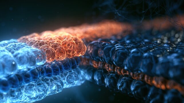 This render illustrates the differences between a healthy omega-3 rich membrane and a stiff saturated membrane within a phospholipid bilayer.