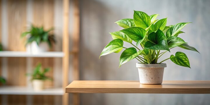 Epipremnum aureum on a modern shelf with a blurred background, plant on desk