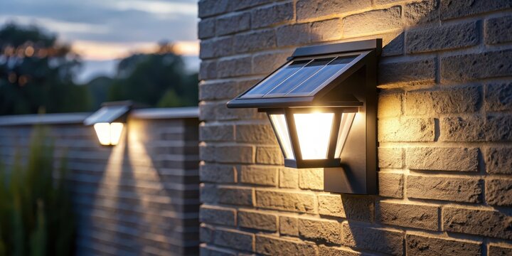 Solar lamp mounted on outdoor wall, lit up at night, night lighting