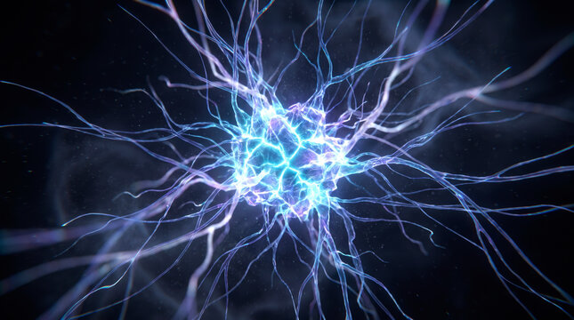 Fractured violet energy sphere radiating luminous filaments through a hazy dark field