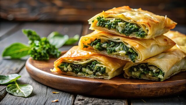 Flaky filo pastry topped with a tangy spinach filling , baking, filo