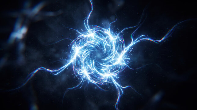 Swirling blue energy vortex radiating luminous tendrils through a dark conceptual void