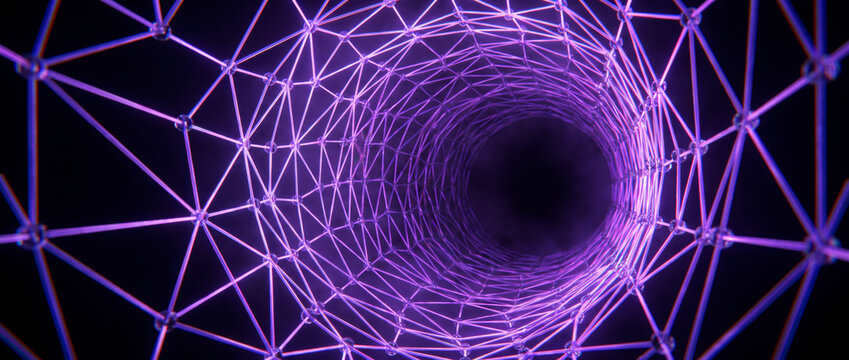 Violet wireframe tunnel spiraling inward to form a glowing futuristic portal structure