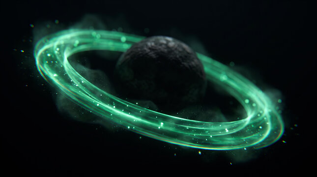Glowing green energy ring orbiting a dark cracked sphere in a conceptual planetary scene