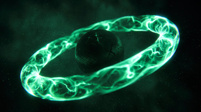 Radiant green ring encircling a fractured dark sphere in a dramatic conceptual close-up