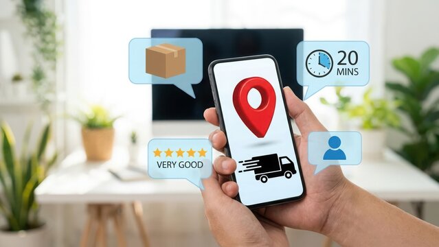 Person holding a smartphone displaying a delivery tracking app with map pin location and fast shipping for efficient logistics management