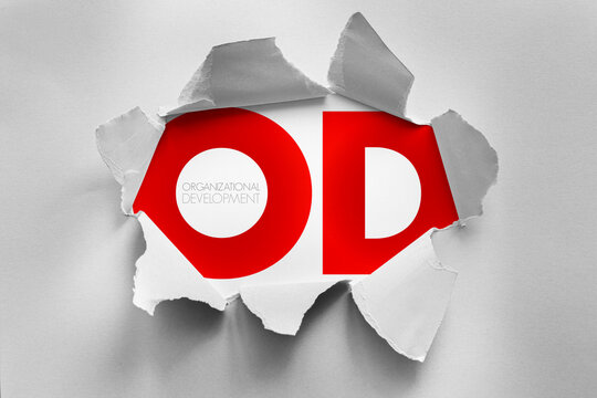 OD acronym for organizational development revealed through a hole in grey paper. Professional business concept image representing change, growth, and effectiveness within a corporate structure.