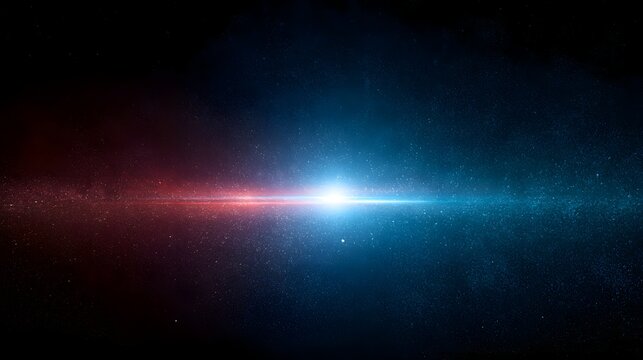 Bright glowing light flare splits red and blue cosmic nebula space background. Ideal for abstract cinematic sci-fi posters and futuristic technology themes.