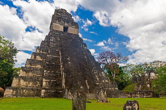 Temple of the Grand Jaguar pyramid with stela, Tikal, Guatemala.