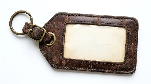 Vintage leather luggage tag with blank address window isolated on white.