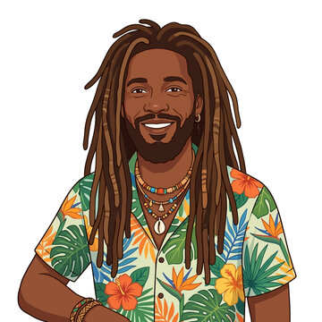 Smiling Man with Dreadlocks in Hawaiian Shirt | Tropical Vibes
