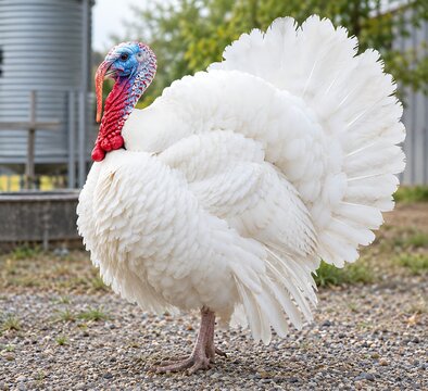 White turkey tom with fanned tail feathers, majestic male poultry bird on a farm, domestic white turkey standing on gravel ground