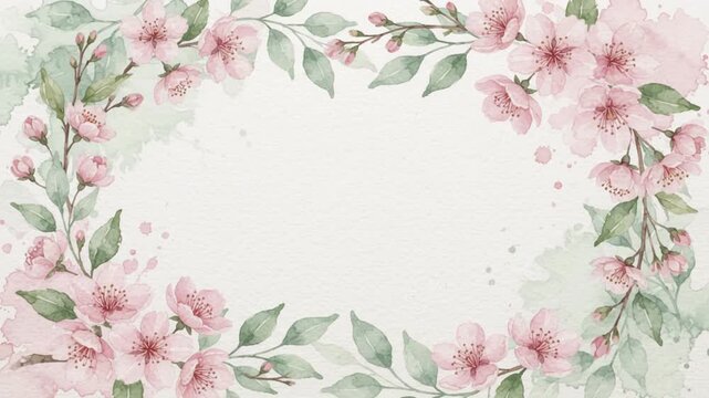 Watercolor Cherry Blossom Frame Blooming Animation on Textured Paper