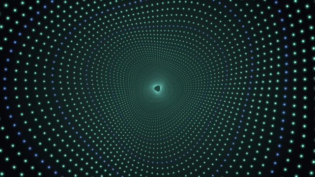 Digital animation of a glowing teal tunnel made of points of light on a dark background. The pattern creates a deep perspective vortex effect ideal for tech backgrounds or abstract visualizers.