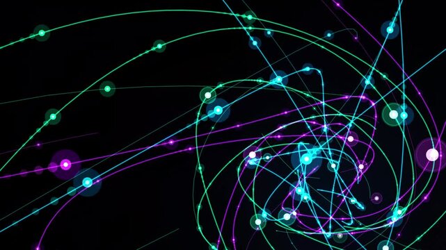 Dynamic digital network with colorful glowing lines and bright dots on a dark background, representing data flow and technology