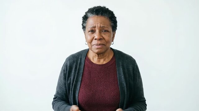 A senior woman with her arms outstretched against a white background, looking confused.