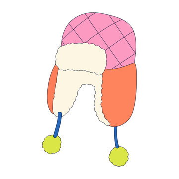 Pink and orange winter trapper hat with fluffy ear flaps and pom poms. Warm headwear, colorful accessory, winter fashion.