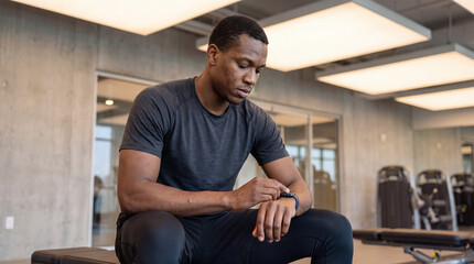 Obraz premium Male athlete sits on a weight bench in a modern gym, checking his smartwatch fitness tracker to monitor workout data, performance and health during training session