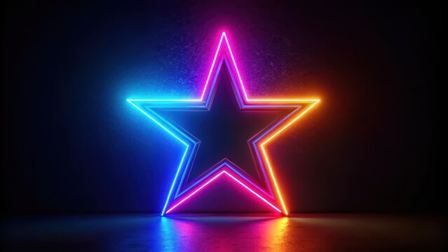 A glowing star neon sign with vibrant colors and sleek design against a dark black background, decorative