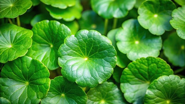Close-up shot of fresh green leaves of Centella asiatica plant with intricate network of veins, medicinal herb, cognitive function