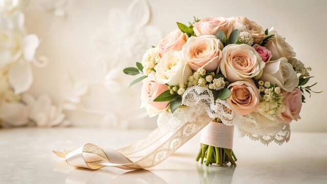 Elegant Wedding Bouquet with Floral Ribbon , lace, flowers