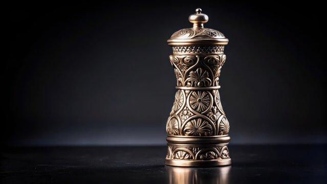 Elegant salt and pepper mill with intricate designs on a sleek black background, showcasing its luxurious texture and ornate details, sophisticated, pepper mill