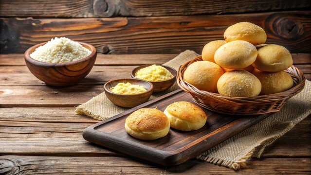Colombian pandebono on wooden table with cheese and yuca flour bread, traditional Colombian flatbread