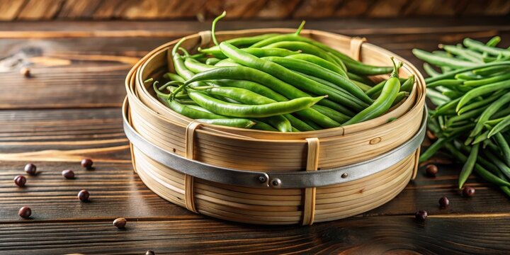 Fresh green beans in a steamer basket on a wooden table, salad ingredients, steamer basket