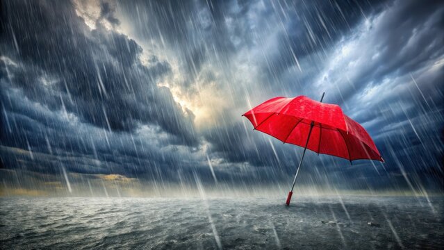 Dark stormy sky with a lone red umbrella struggling to stay upright in strong winds and heavy rain , dark, windy