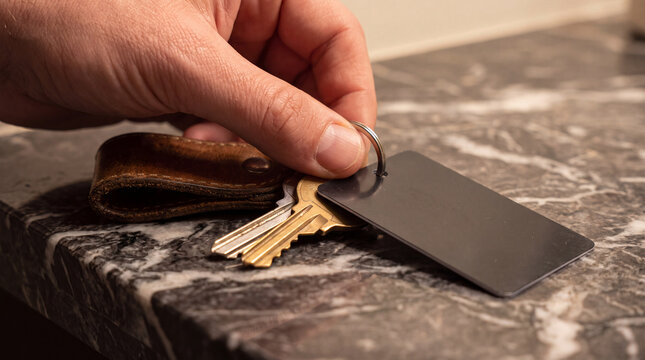 Person's hand reaching for a set of brass and silver keys attached to a blank metal tag and leather keychain, resting on a textured marble surface, symbolizing access, security, and ownership