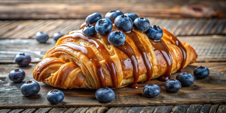 Flaky pastry croissant with a cluster of fresh blueberries and a drizzle of sweet syrup on a rustic wooden surface , pastry