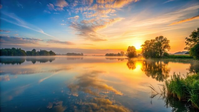 View from the other side of a serene lake at sunrise, lake, sunset, lake