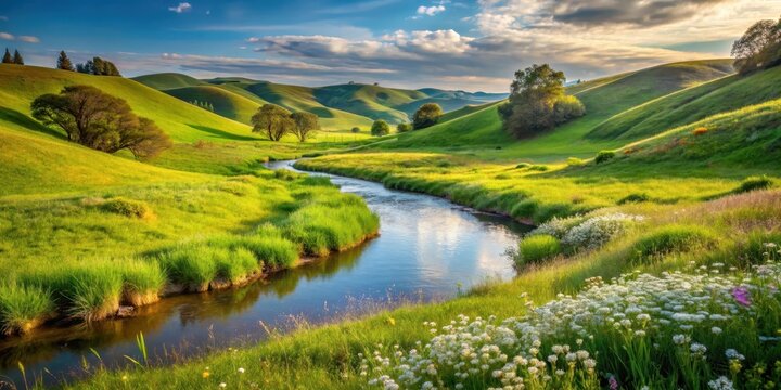 A serene landscape of rolling hills with a gentle stream flowing through the valley, surrounded by lush greenery and wildflowers , peaceful landscape, rural landscape