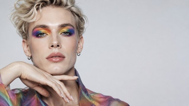 Androgynous Person with Rainbow Eye Makeup for Pride, Copy Space