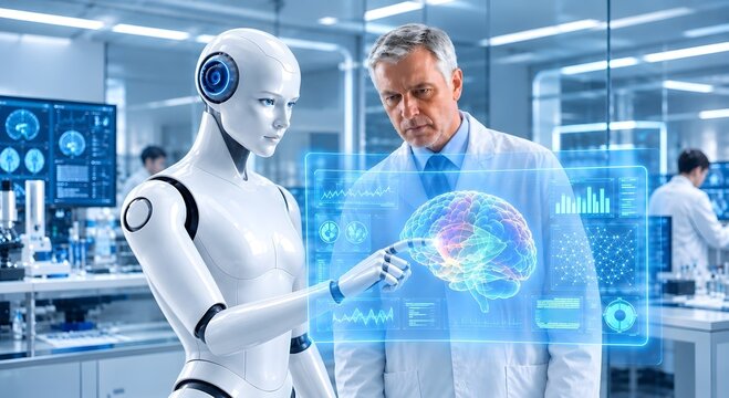 Futuristic white humanoid robot and senior medical doctor examining a glowing holographic human brain model on a transparent screen in a modern healthcare laboratory.