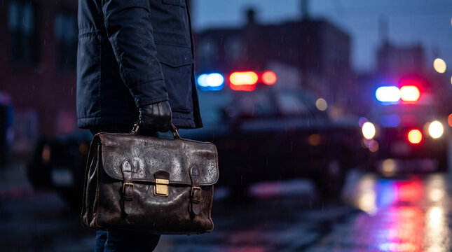 Crime Scene Investigator Carrying Leather Evidence Briefcase at Night with Police Cars