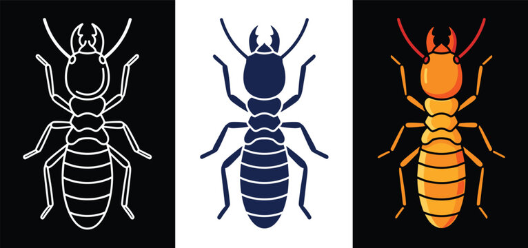 Termite insect vector set displaying pest control icons in contour silhouette and colored graphic styles
