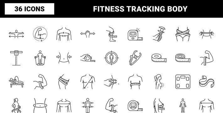 Body measurement fitness tracking lines line icon set. Vector pictograms of tape, measure, caliper, and weight elements, thin linear illustration.